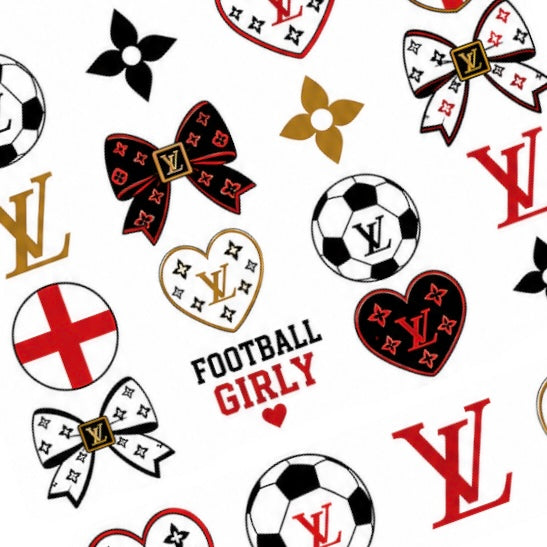 England football nail decals featuring pink bows, footballs, hearts and feminine match-day designs