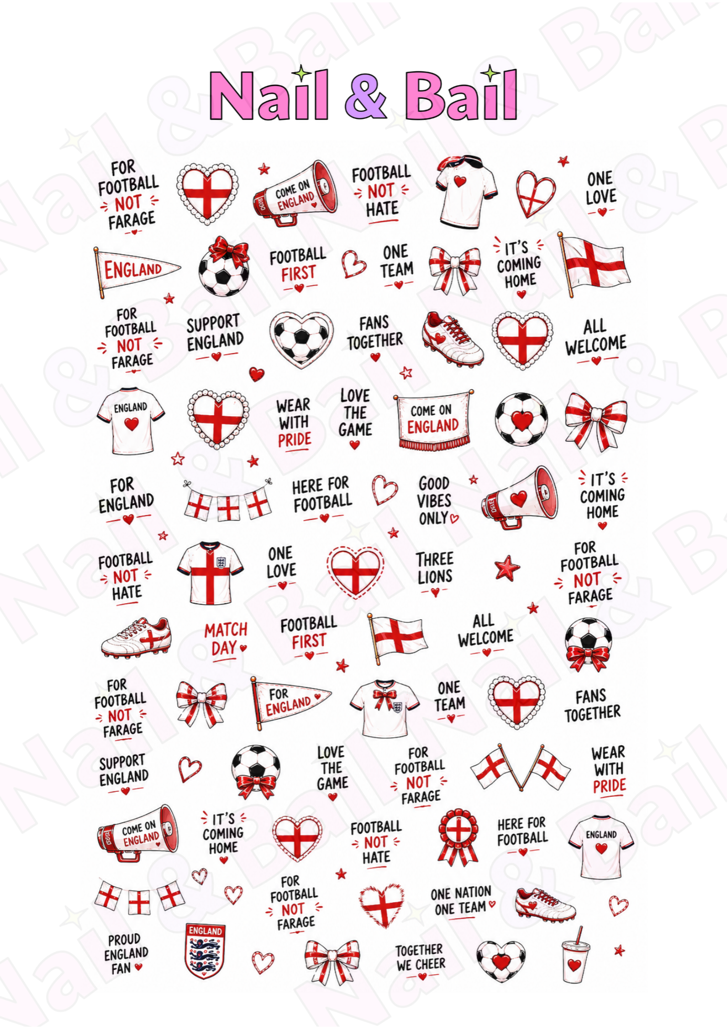 England football waterslide nail decals with football-themed messages, footballs, hearts, flags and match day nail art designs.