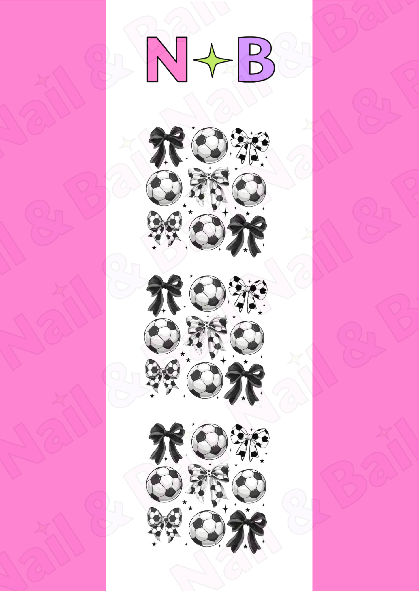 Football waterslide nail decals with black and white bows and footballs for match day nails, World Cup nail art and press-on nails.