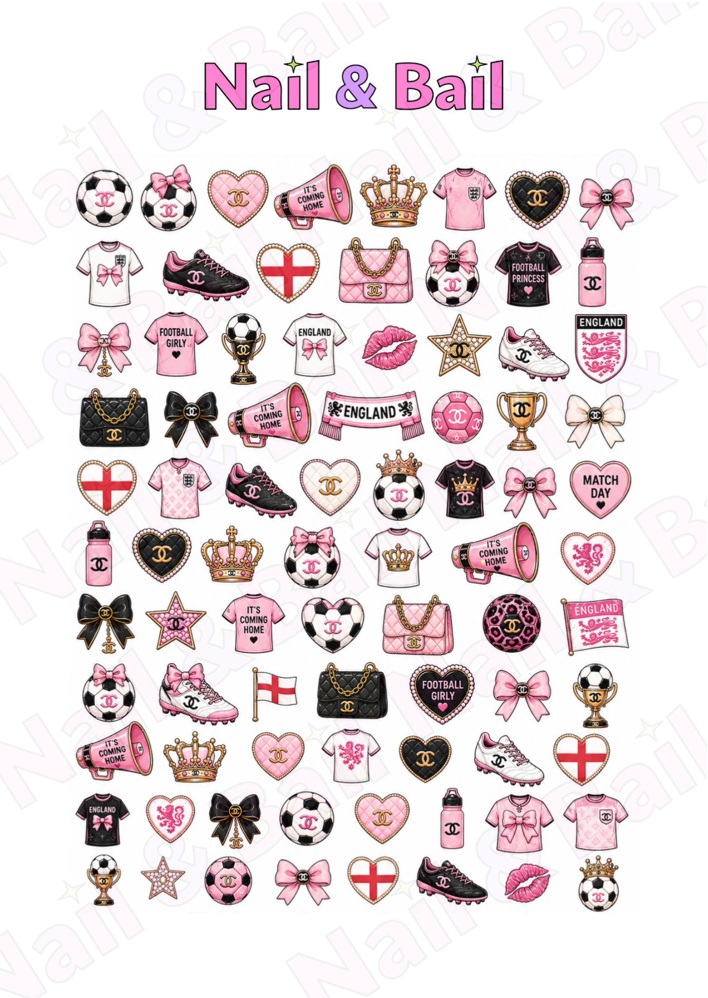 Luxury football waterslide nail decals featuring black and white bows, pearls, footballs and elegant match day nail art designs.