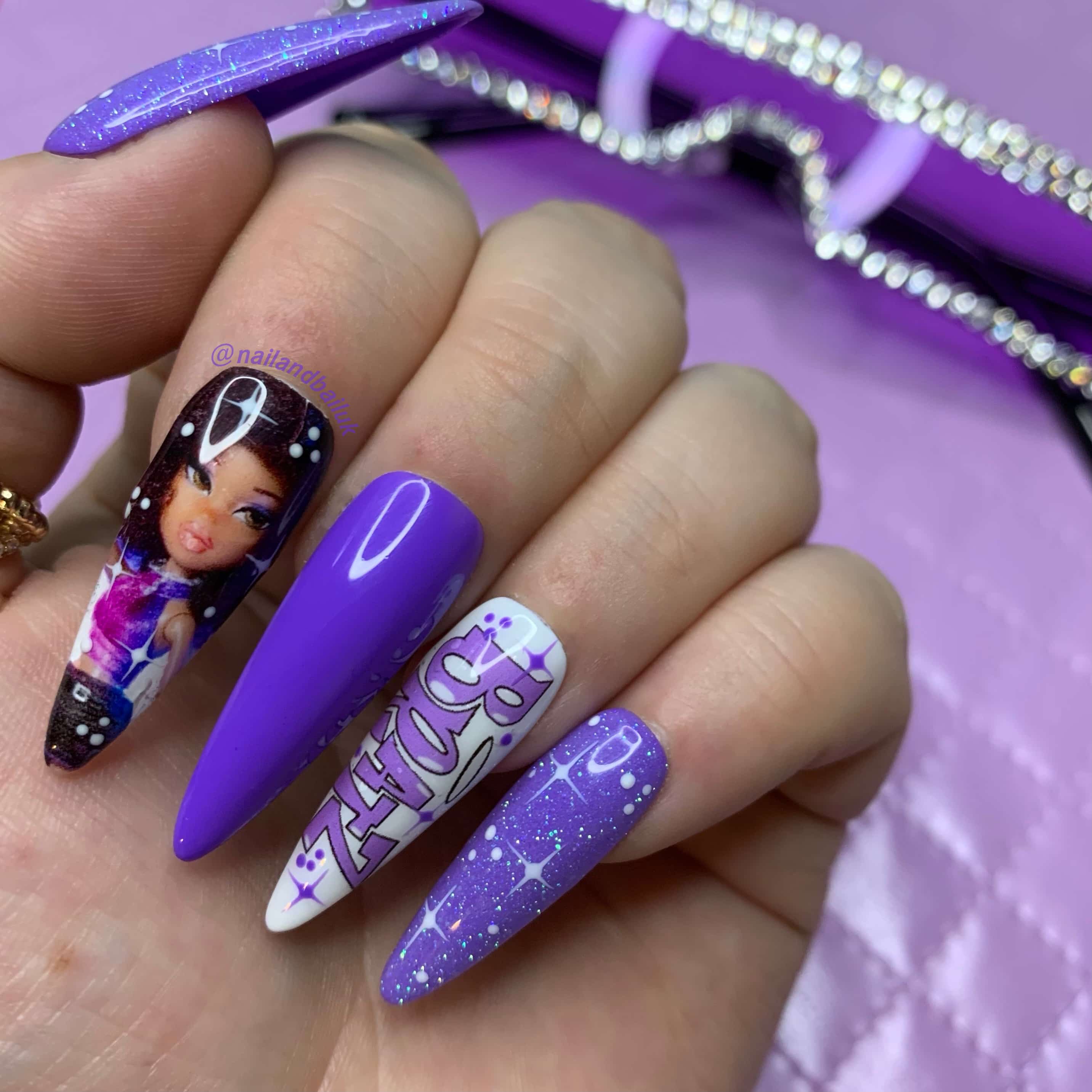 Y2K-inspired press-on nails with bold colours and nostalgic fashion doll aesthetic