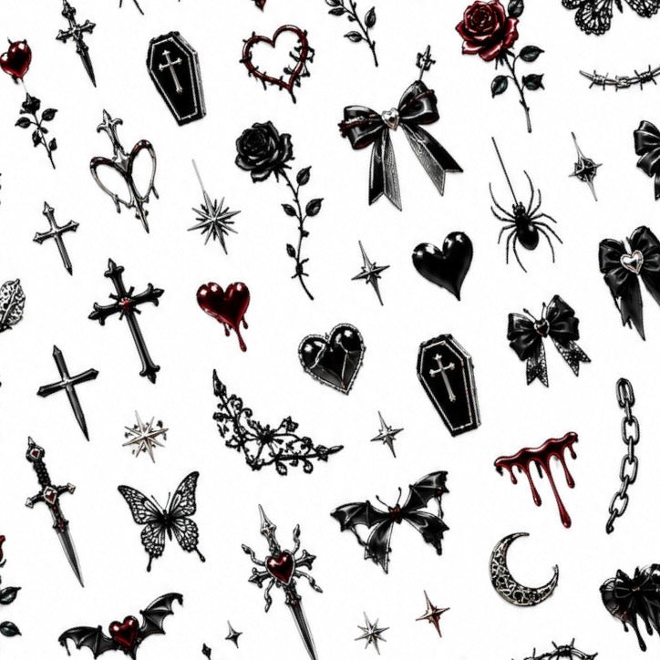Close-up of gothic Halloween nail decals featuring spiderwebs, bows, roses, coffins and red heart details.