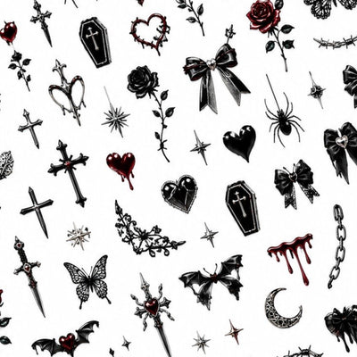 Close-up of gothic Halloween nail decals featuring spiderwebs, bows, roses, coffins and red heart details.