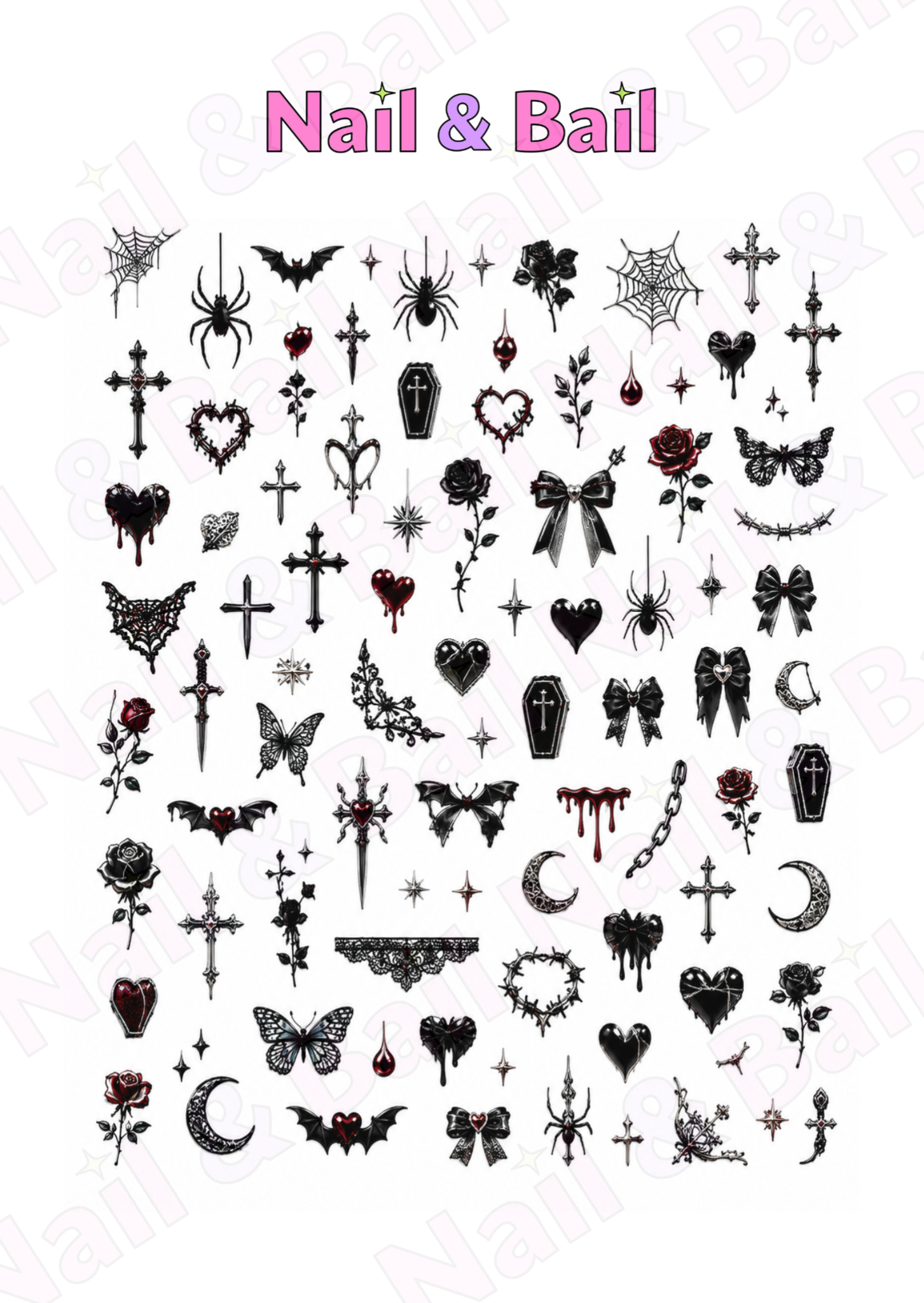 A sheet of nail art decals featuring various gothic and horror-themed designs, including crosses, coffins, spiders, roses, and moons, in black and red on a white background with 'Nail & Bail' text at the top.
