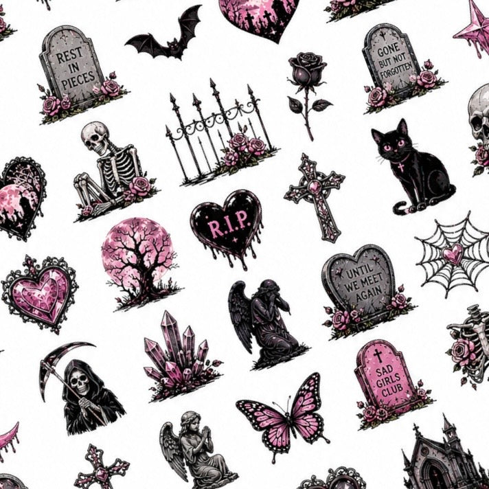 Graveyard Halloween nail decal sheet with tombstones, crosses, skeletons, bats and gothic roses.