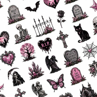 Graveyard Halloween nail decal sheet with tombstones, crosses, skeletons, bats and gothic roses.