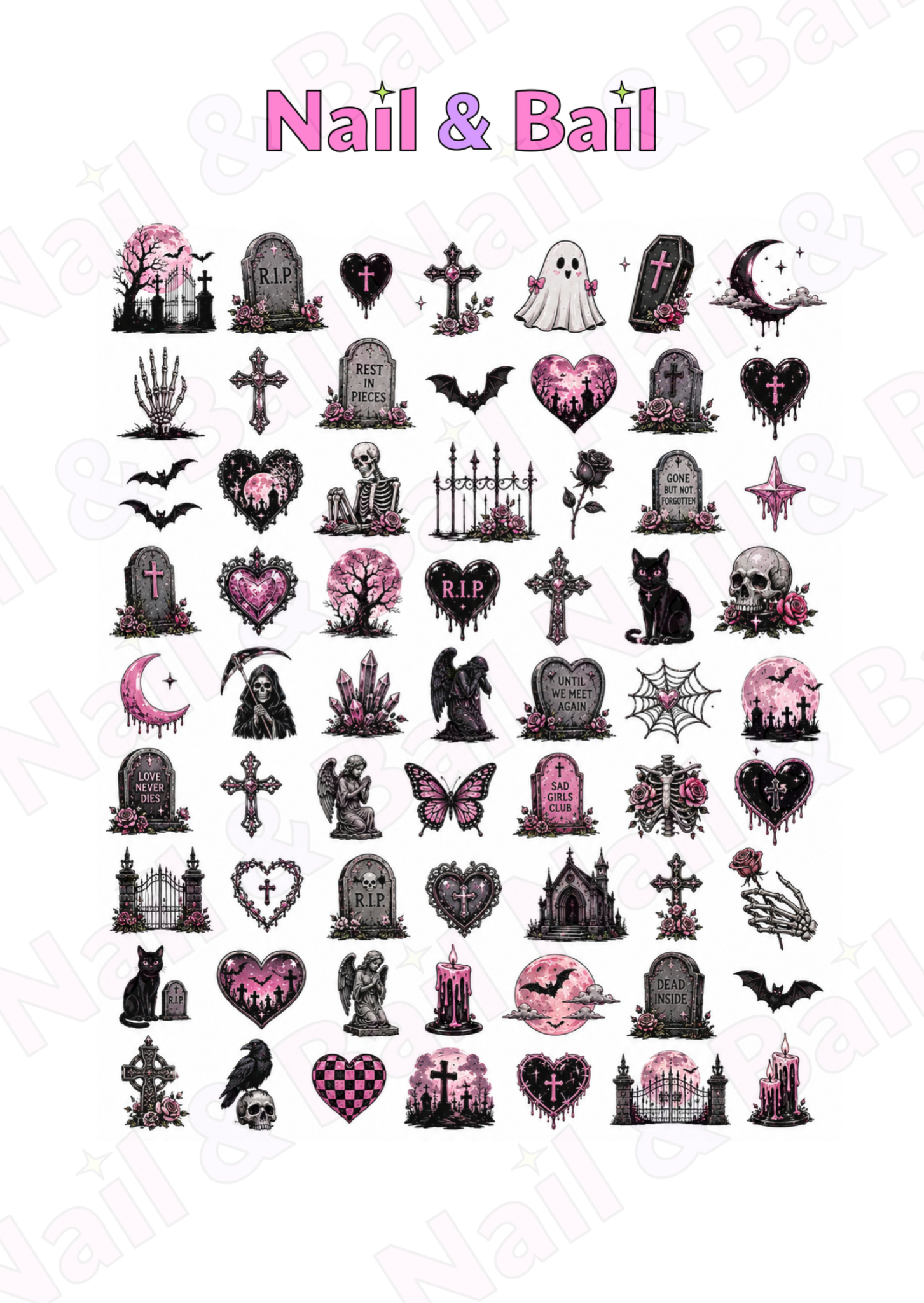 Gothic cemetery nail decals featuring graveyard gates, skulls, ravens, moons, candles and tombstones in black, gray, and pink, with 'Nail & Bail' written at the top.