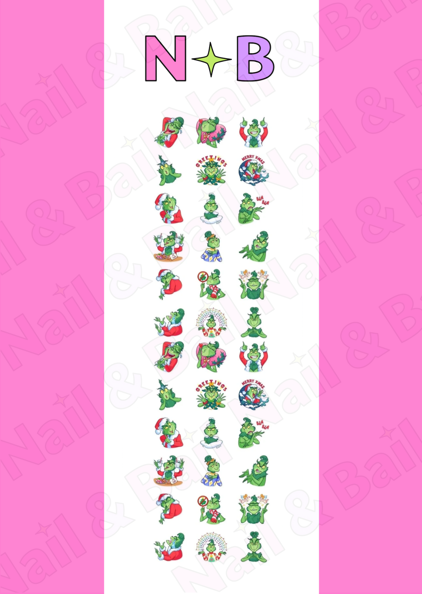 Funny Christmas nail decals featuring Grinch-inspired festive artwork and holiday phrases