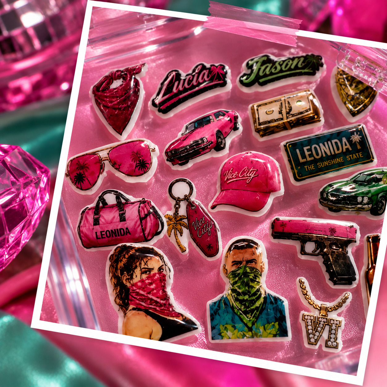 Close-up of GTA 6 inspired nail charms including Lucia, Jason, pink car, sunglasses and Vice City accessories
