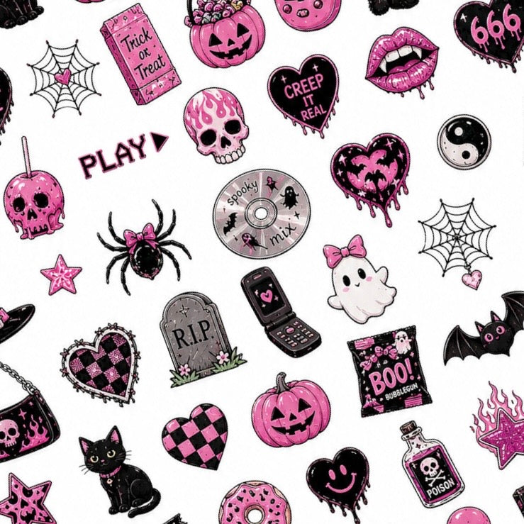 Halloween Y2K nail decal sheet with pink pumpkins, flip phones, ghosts, bats and nostalgic spooky designs.