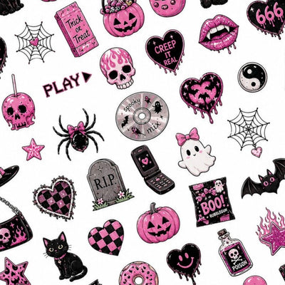 Halloween Y2K nail decal sheet with pink pumpkins, flip phones, ghosts, bats and nostalgic spooky designs.