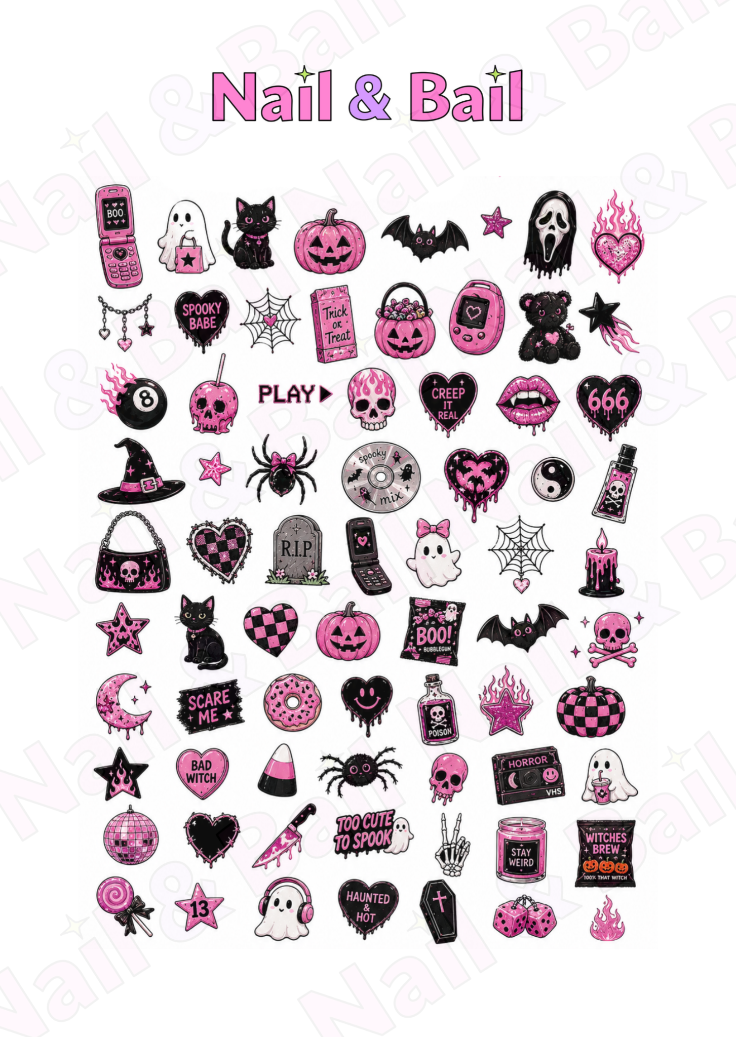 A sheet of Halloween-themed nail decals or stickers featuring pink, black, and white spooky designs including pumpkins, bats, ghosts, skulls, hearts, and candy on a white background with 'Nail & Bail' written at the top.