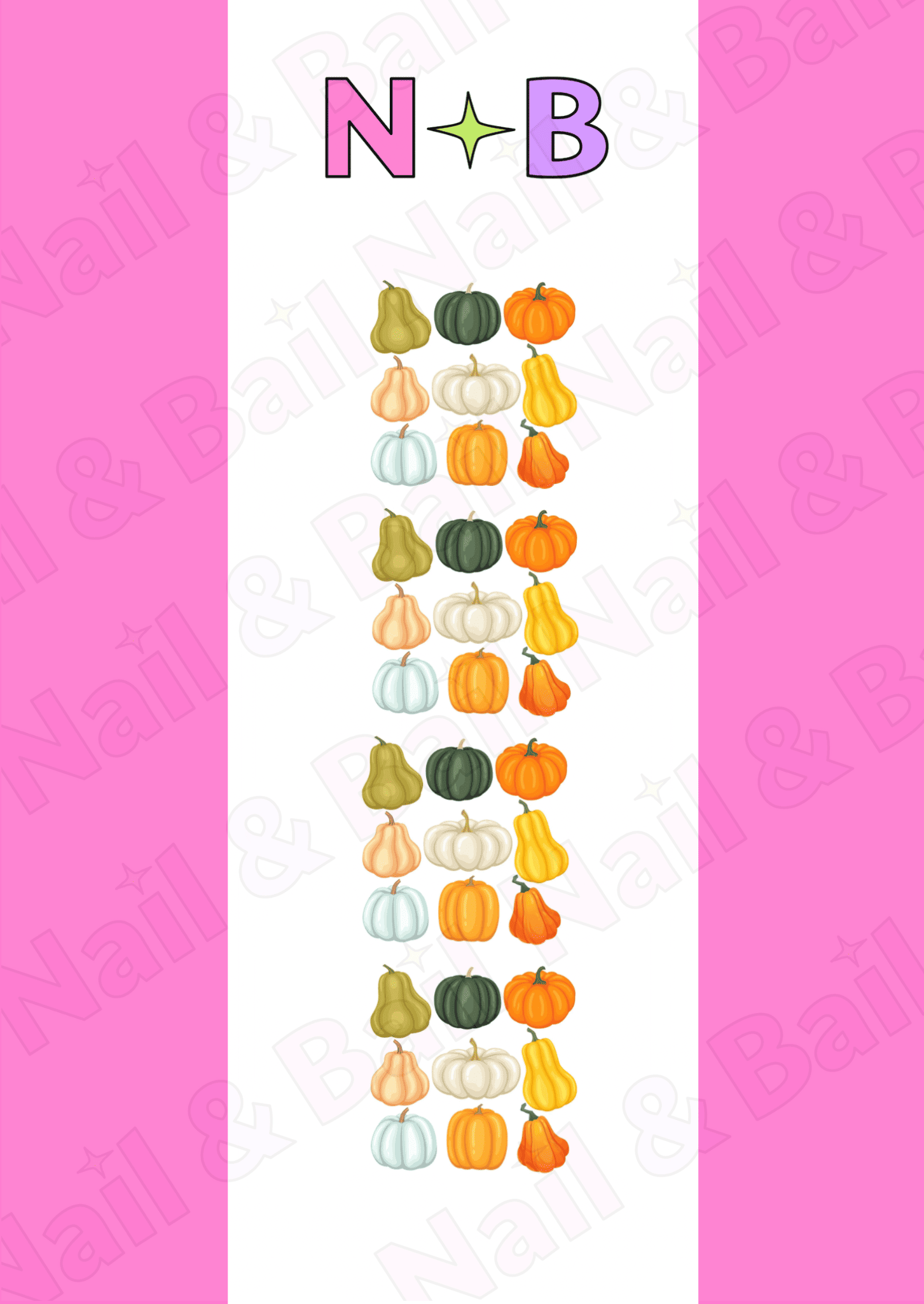 Sheet of orange and green pumpkin nail art decals with 'Nail & Bail' branding.