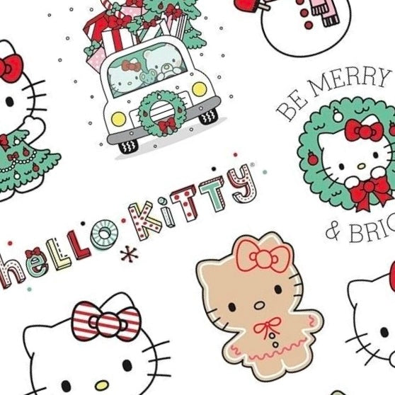 Hello Holidays nail decals featuring Hello Kitty-inspired Christmas designs with wreaths, candy canes, presents, and festive bows