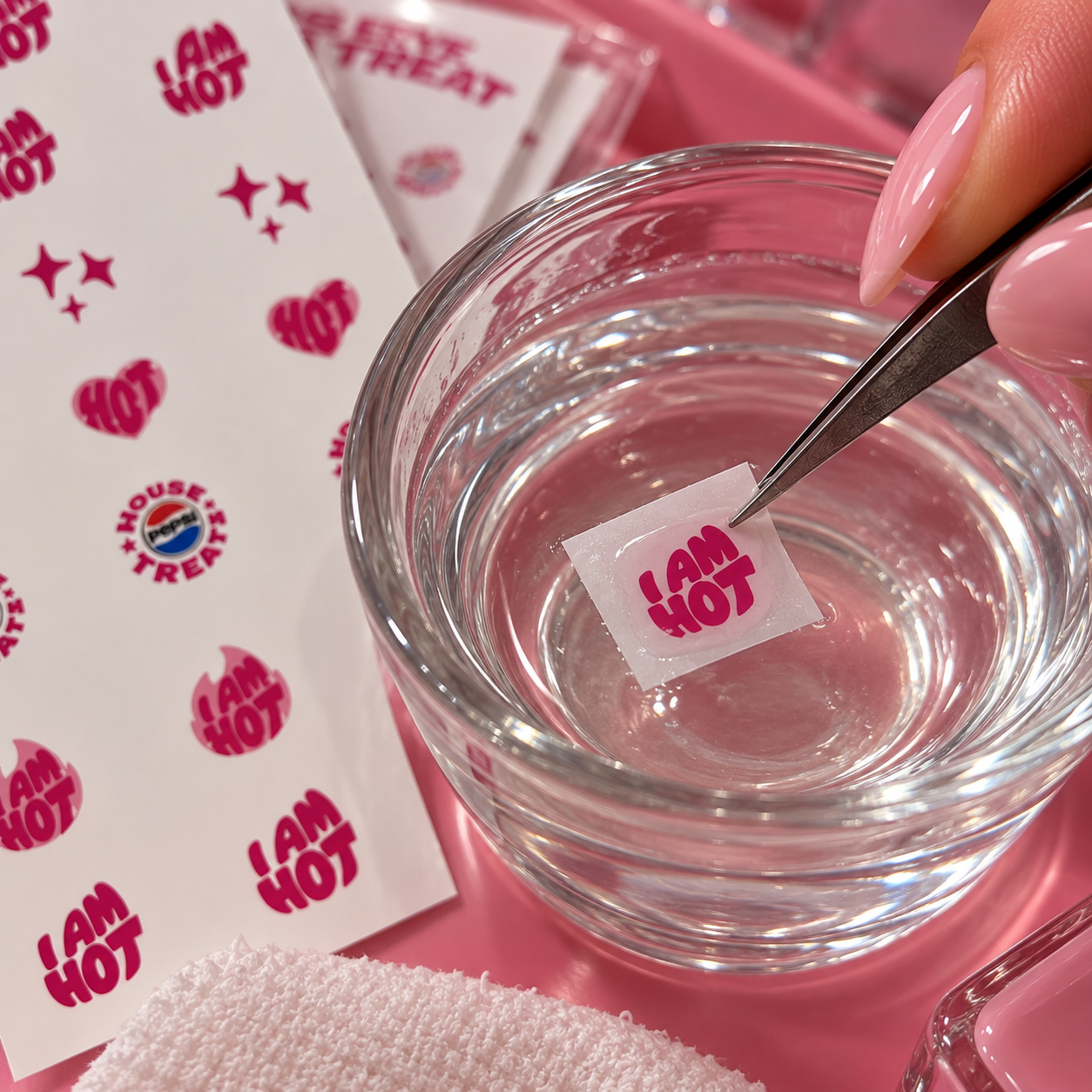 Waterslide nail decal being soaked in water before application to a nail