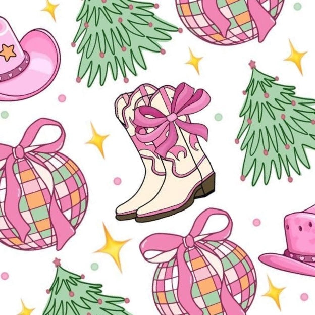 Howdy Holidays nail decals featuring pink cowboy hats, western boots, Christmas trees, bows, and festive holiday designs