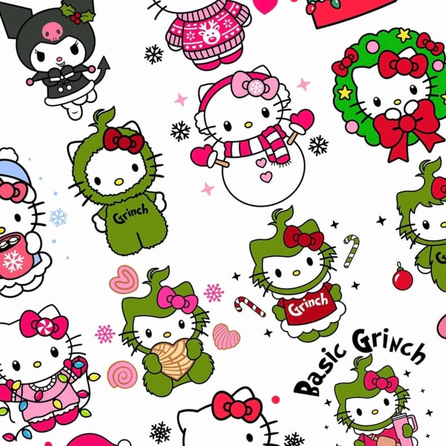 Kawaii Christmas nail decals featuring Hello Kitty, My Melody, and Kuromi in festive holiday outfits with candy canes and wreaths