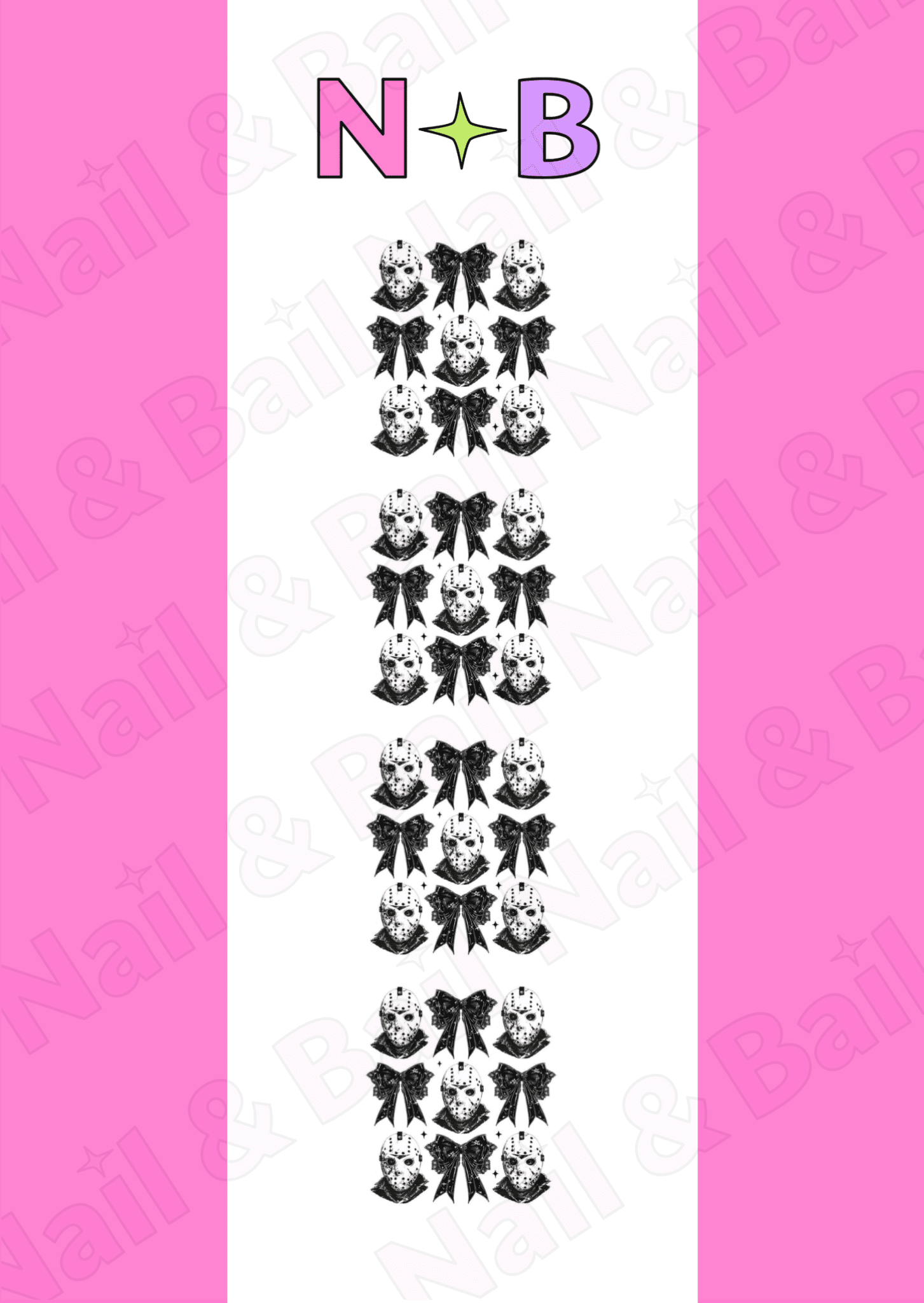 Sheet of black killer bows nail art decals with 'Nail & Bail' branding.