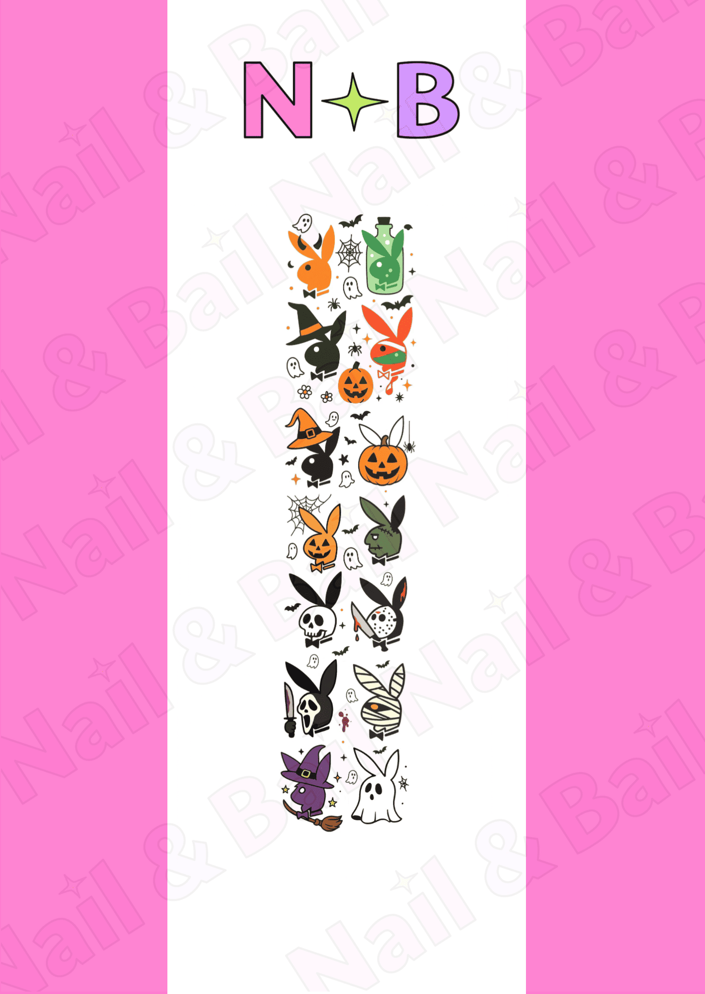 Sheet of halloween playboy bunny nail art decals with 'Nail & Bail' branding.