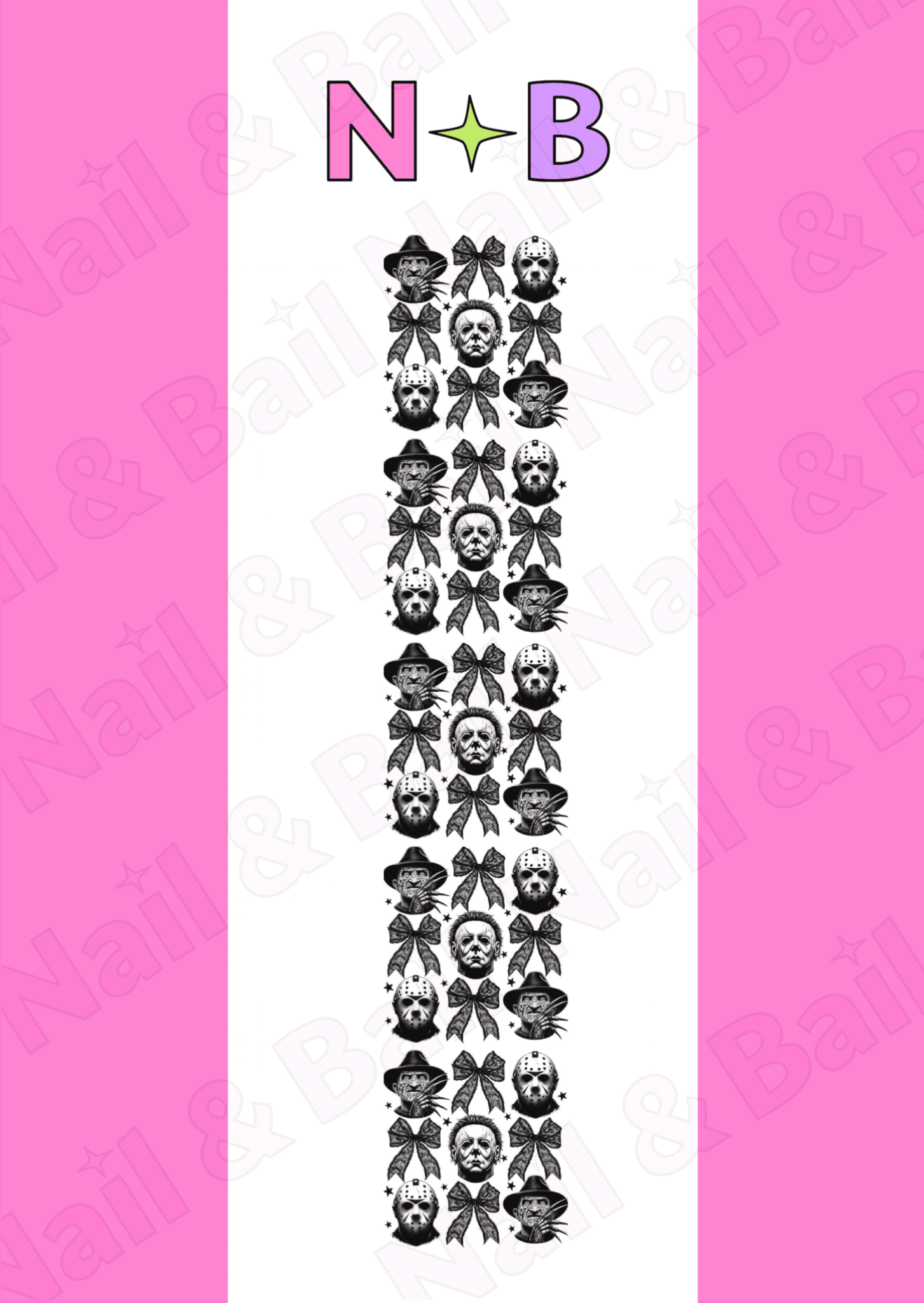 Sheet of killers and lace bows nail art decals with 'Nail & Bail' branding.