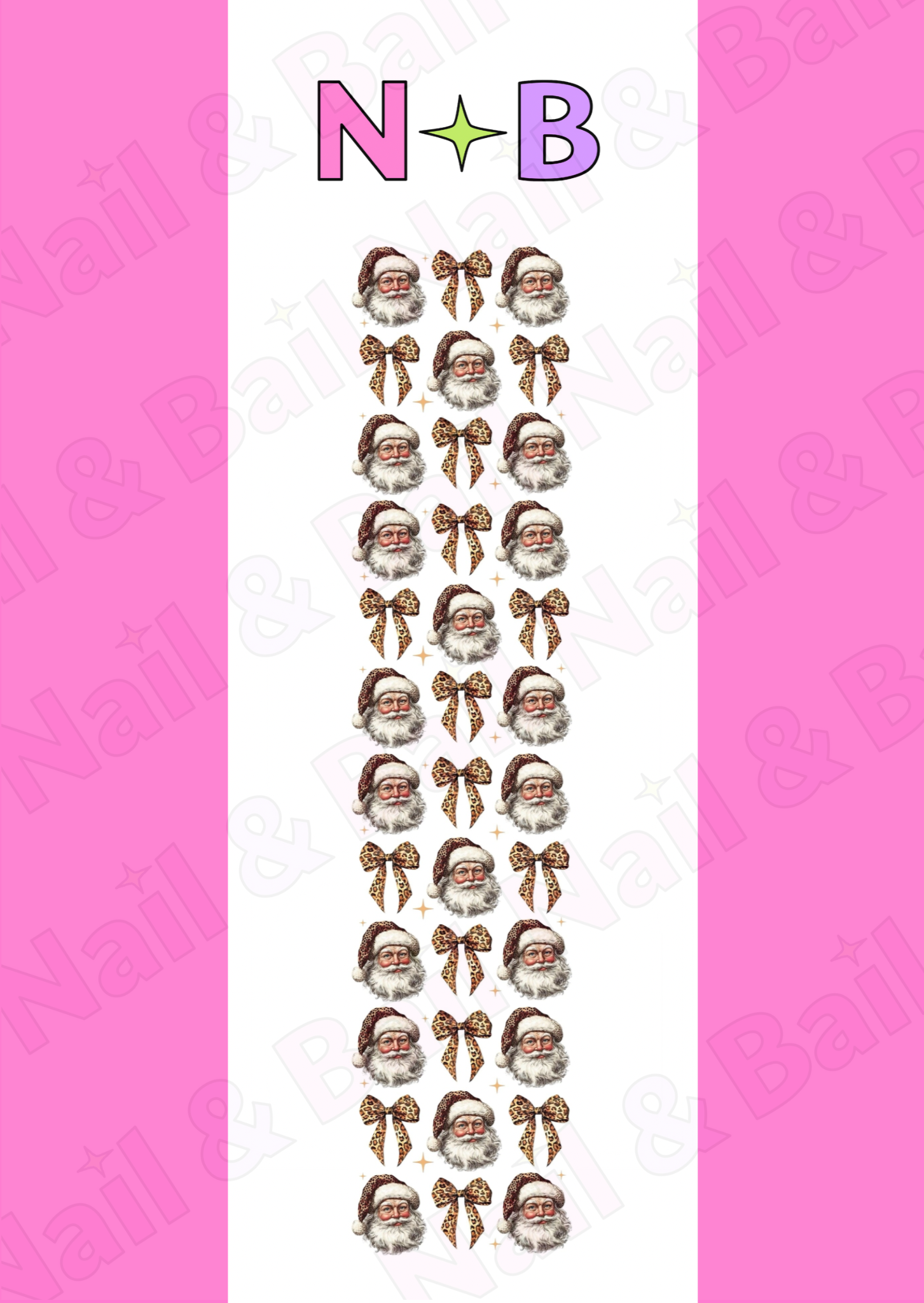 Glamorous Christmas nail decals with festive Santa designs, leopard print bows, and gold sparkle accents