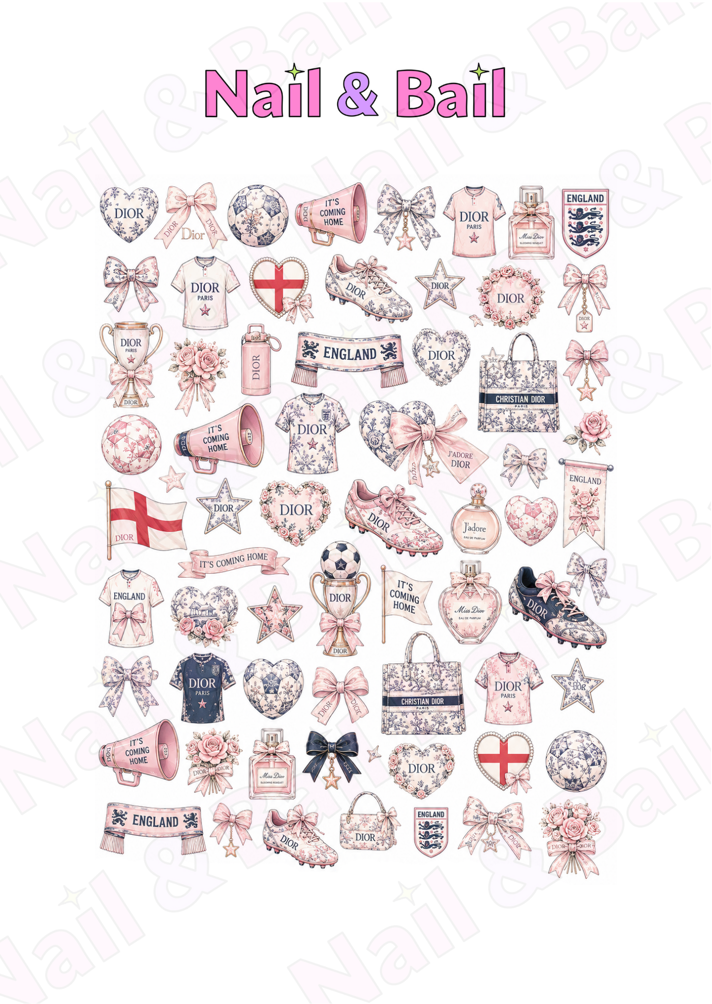 Floral football waterslide nail decals with luxury-inspired patterns and coquette details for elegant match day nail art.