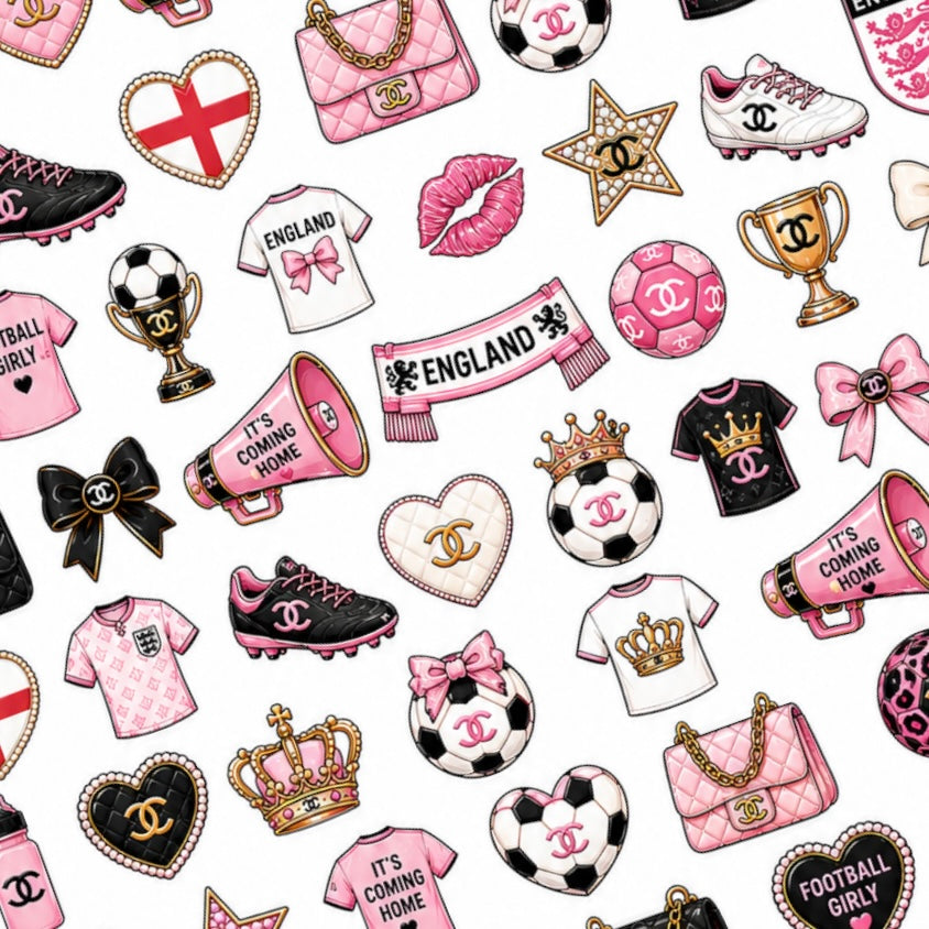 Coco’s Cup Final waterslide nail decal sheet featuring 82 luxury football nail decals with pearls, bows, footballs and quilted fashion-inspired details.