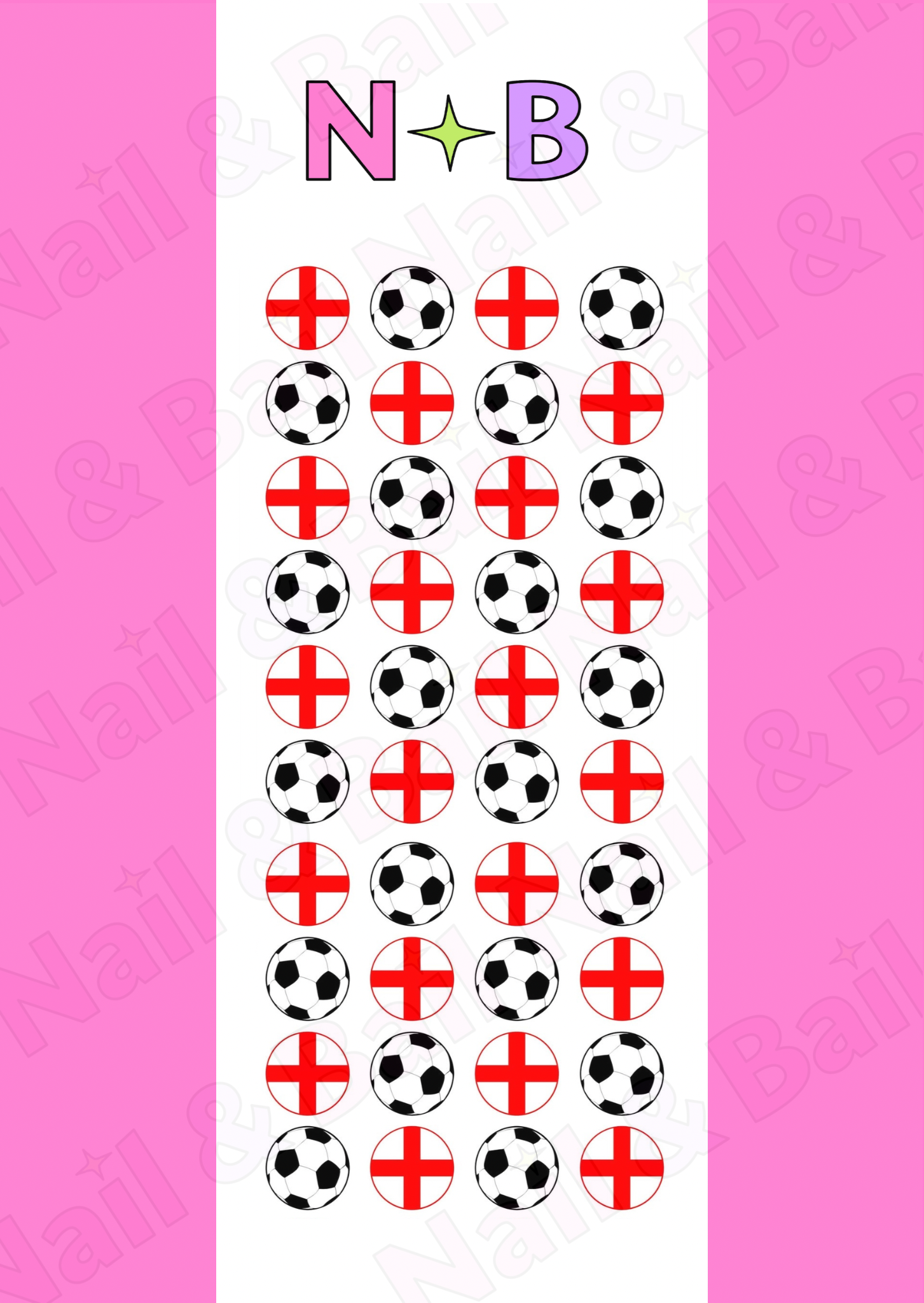 England flag and football waterslide nail decals with 40 individual nail art decals for match day nails and World Cup manicures.