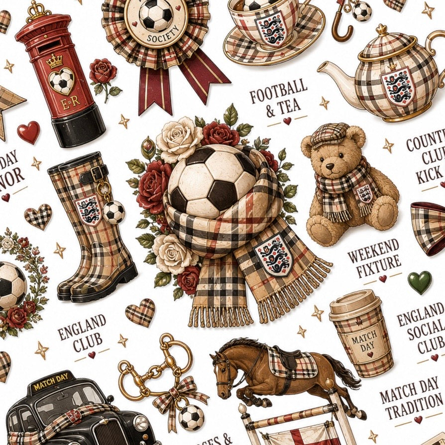 Heritage football nail decals featuring roses, footballs, bows and English match-day designs