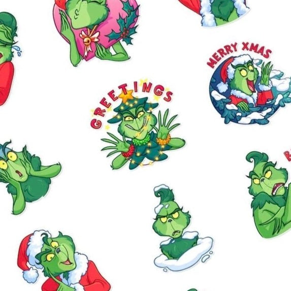 Merry Mean One nail decals featuring the Grinch in festive cartoon poses with Christmas sayings