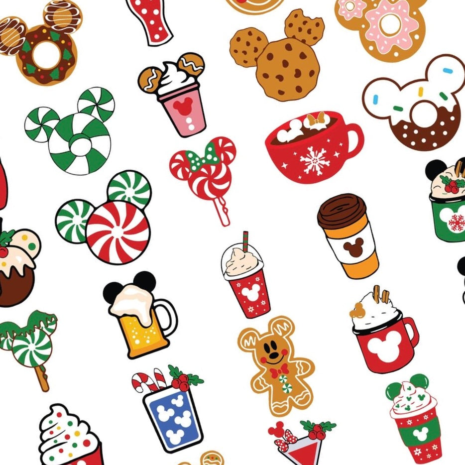 Mickey’s Sweetmas nail decals featuring Christmas cookies, cocoa mugs, candy canes, gingerbread treats, desserts, and festive mouse-inspired characters