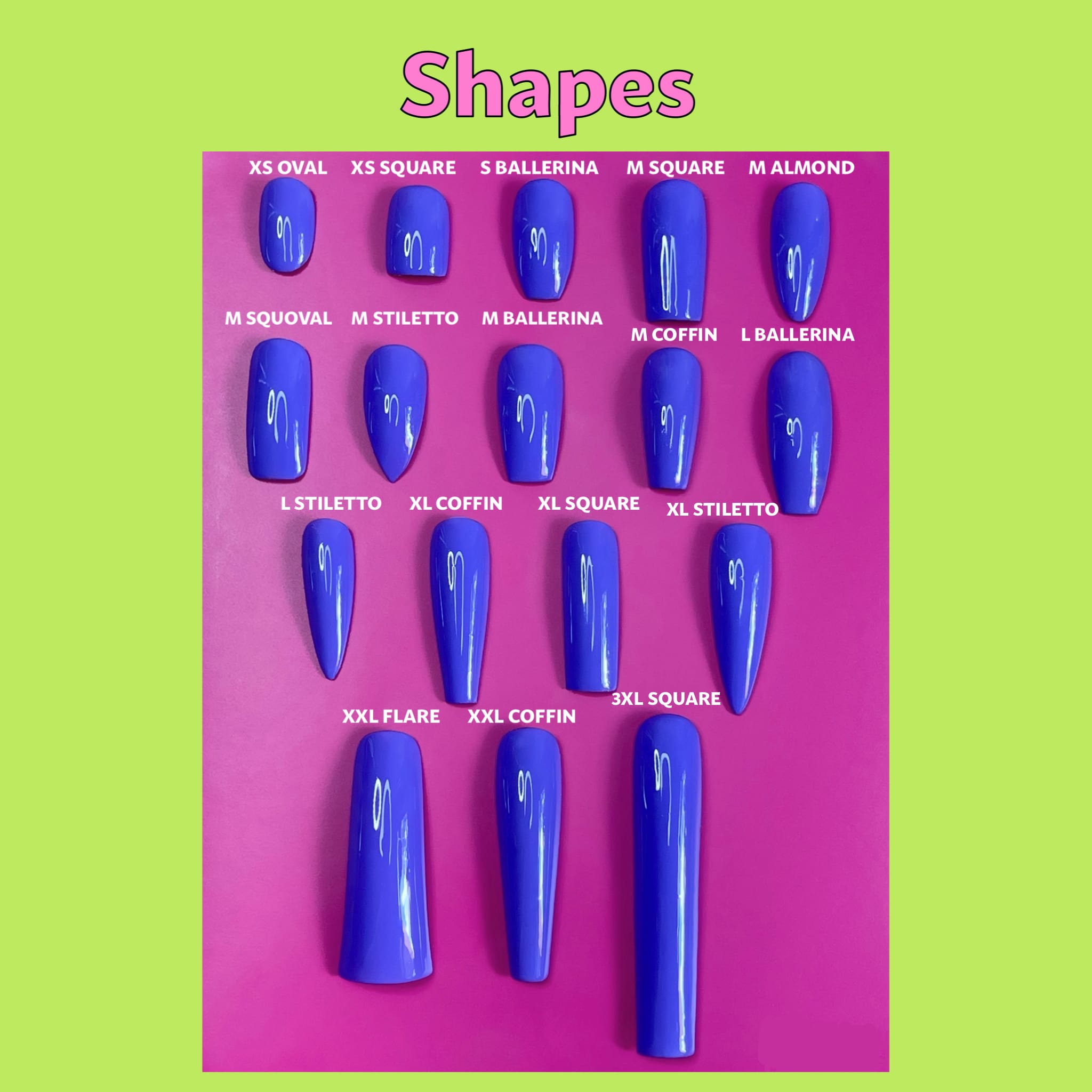 Display of dark purple nail shapes on a pink card with green border