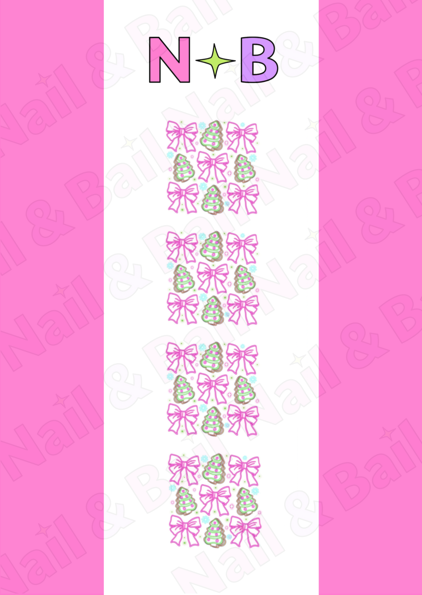 Bright festive nail decals with pink bows, Christmas tree cookies, and colourful pastel holiday lights