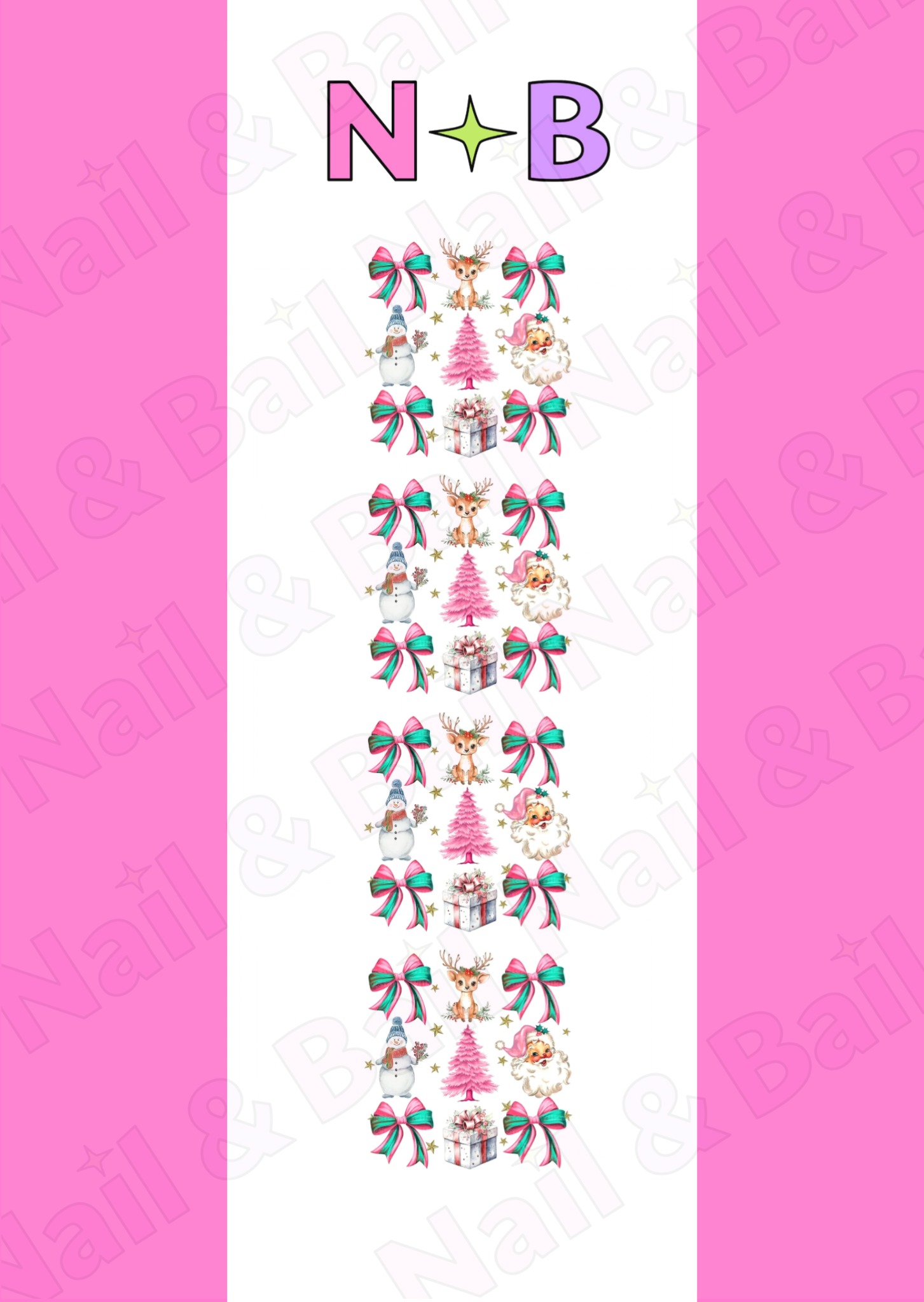 Pastel Christmas nail decals with pink and teal bows, festive trees, Santa faces, and holiday nail art
