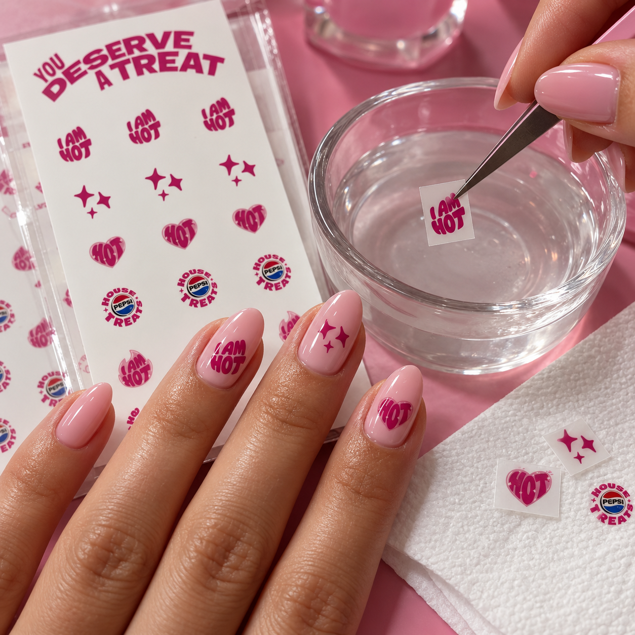 Applying custom Pepsi event waterslide nail decals to pink nails using tweezers