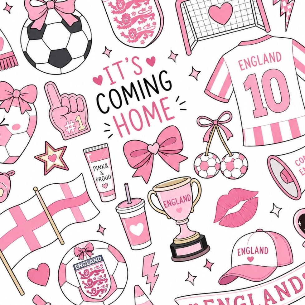 It’s Coming Home, Hun waterslide nail decal sheet featuring 75 pink England football-themed nail decals for match day nail art.