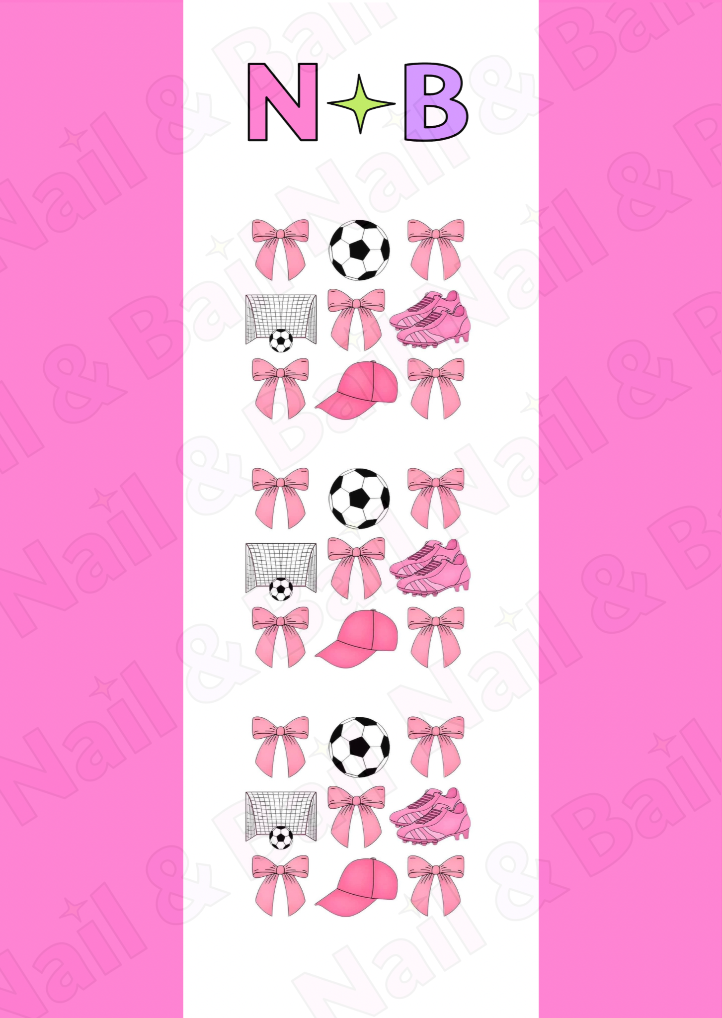 Football waterslide nail decals with pink soccer boots, footballs, goal posts, pink bows and caps for match day nail art and press-on nails.