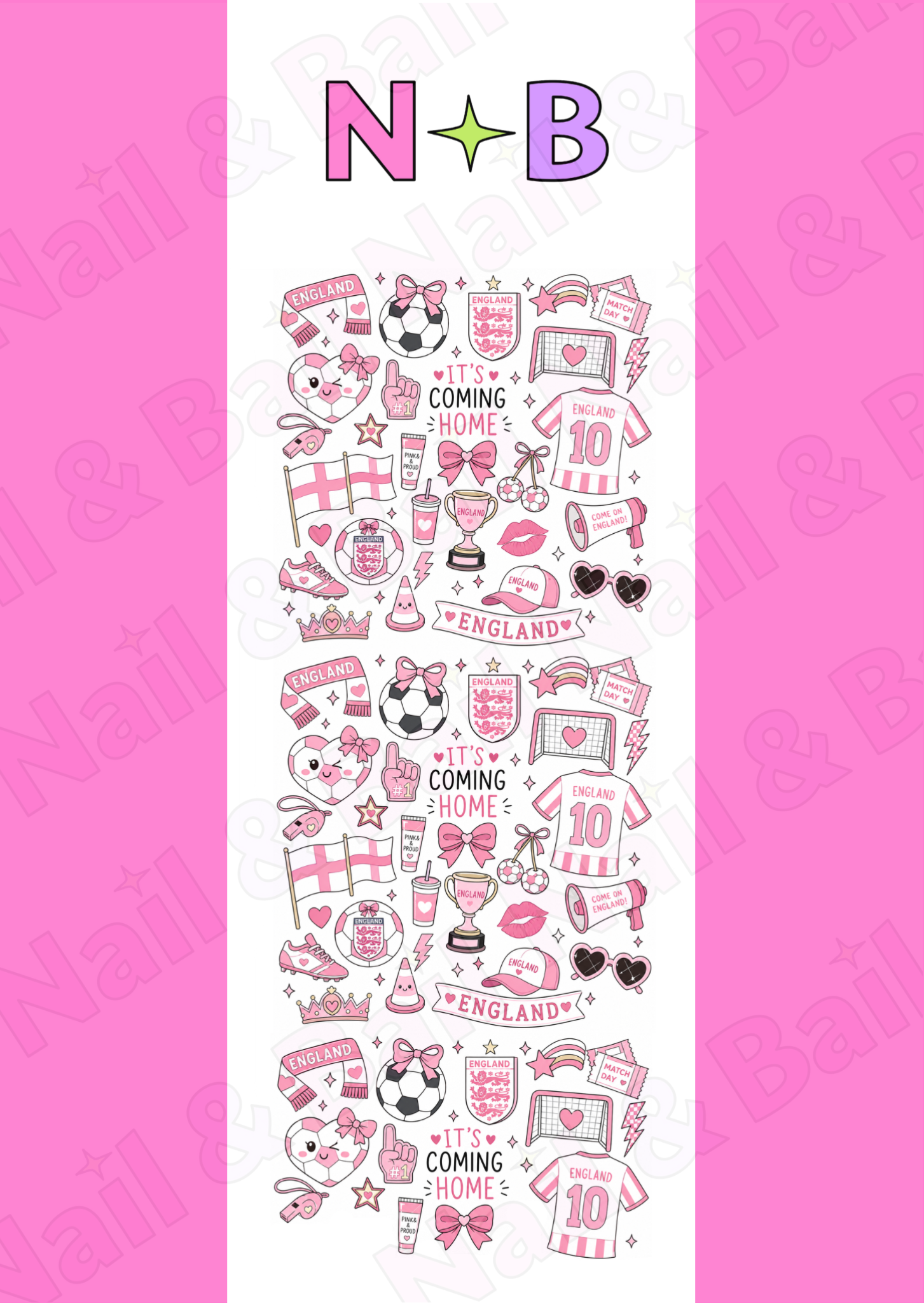 Pink football waterslide nail decals with England-inspired designs including footballs, flags, bows and boots for World Cup nails.