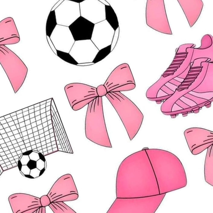 Pink Pitch waterslide nail decal sheet featuring 27 football-themed waterslide nail decals including pink football boots, footballs, goal nets, bows and caps.