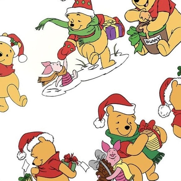 Pooh’s Christmas nail decals featuring Winnie the Pooh in Santa hats with candy canes, presents, and festive holiday decorations