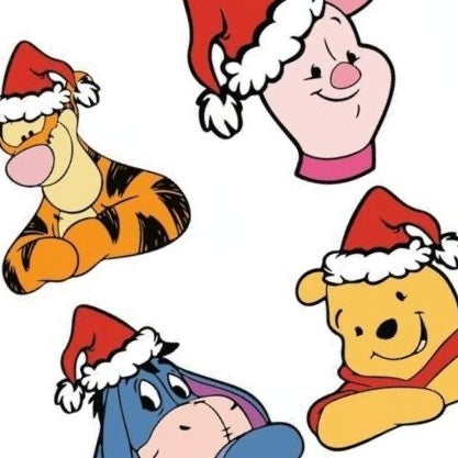 Pooh’s Festive Friends nail decals featuring Winnie the Pooh, Piglet, Tigger, and Eeyore wearing Santa hats