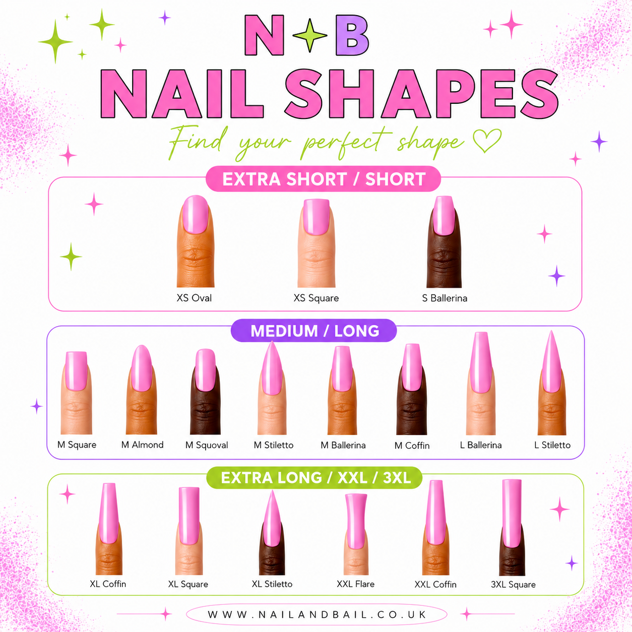 Press-on nail shapes guide showing oval, square, ballerina, almond, coffin, stiletto, squoval, and flare nail shapes