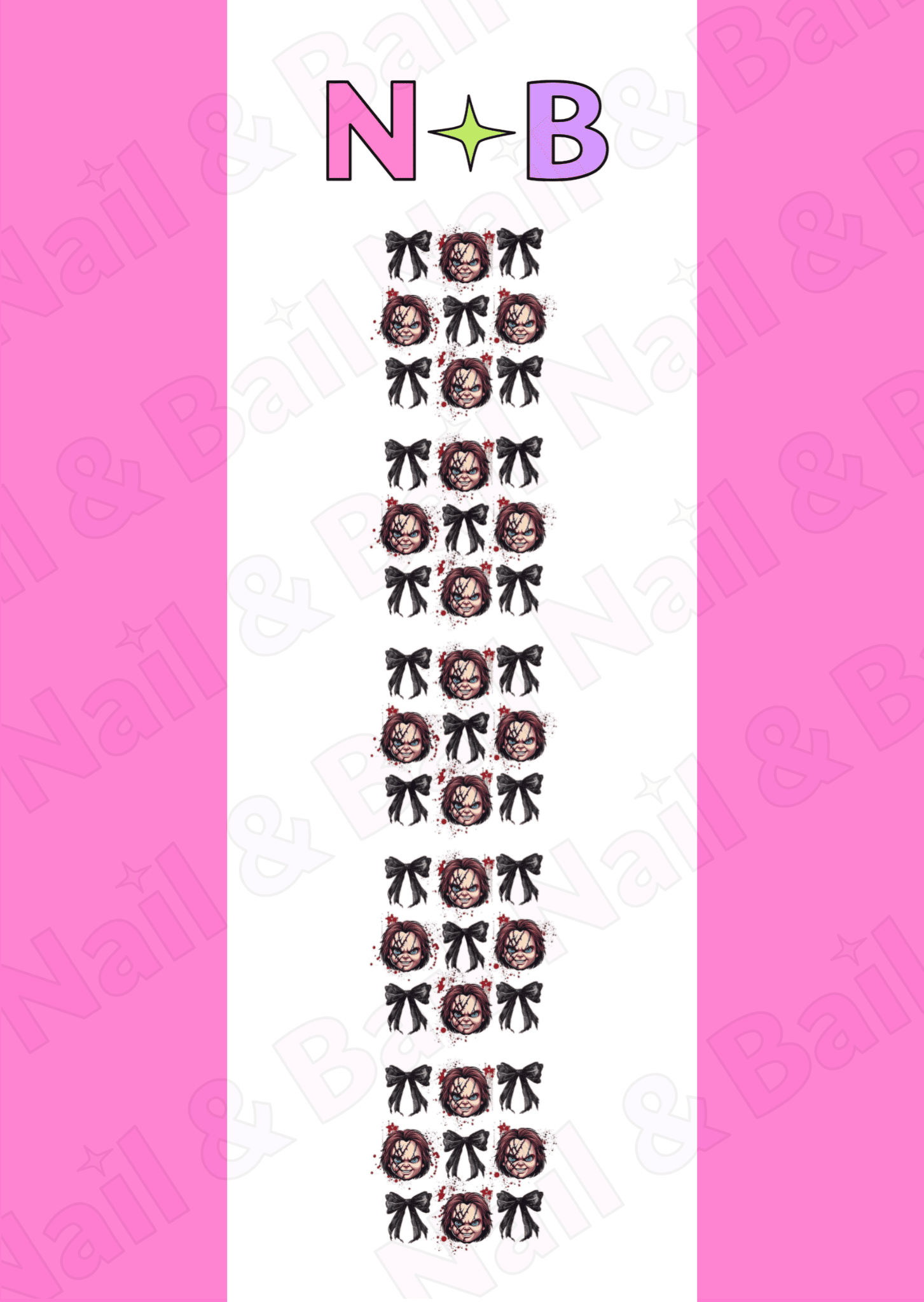 Sheet of bloody chucky and black bow nail art decals with 'Nail & Bail' branding.