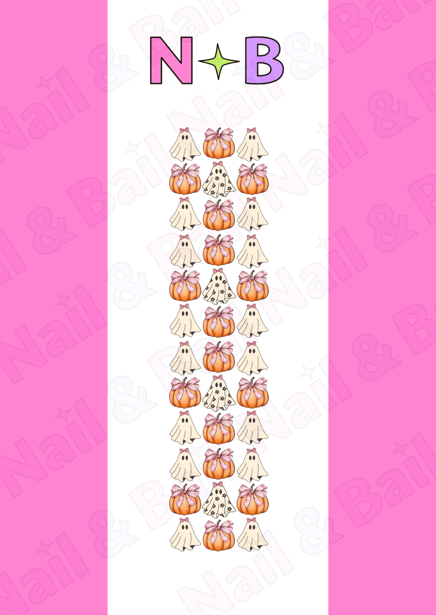 Sheet of halloween bow pumpkins & ghost nail decals with 'Nail & Bail' branding.