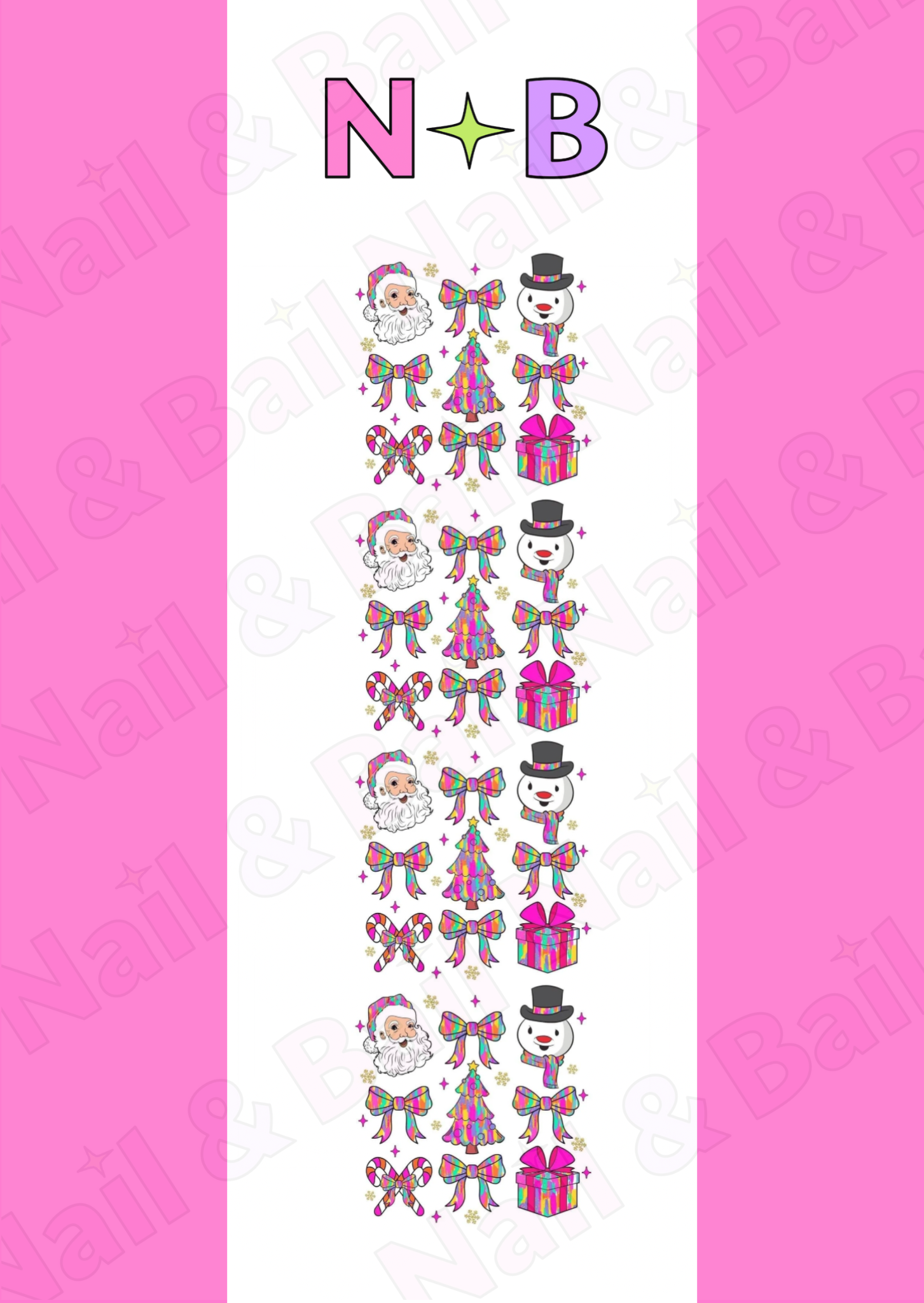 Colourful Christmas nail decals with pastel festive designs including trees, presents, bows, and snowmen