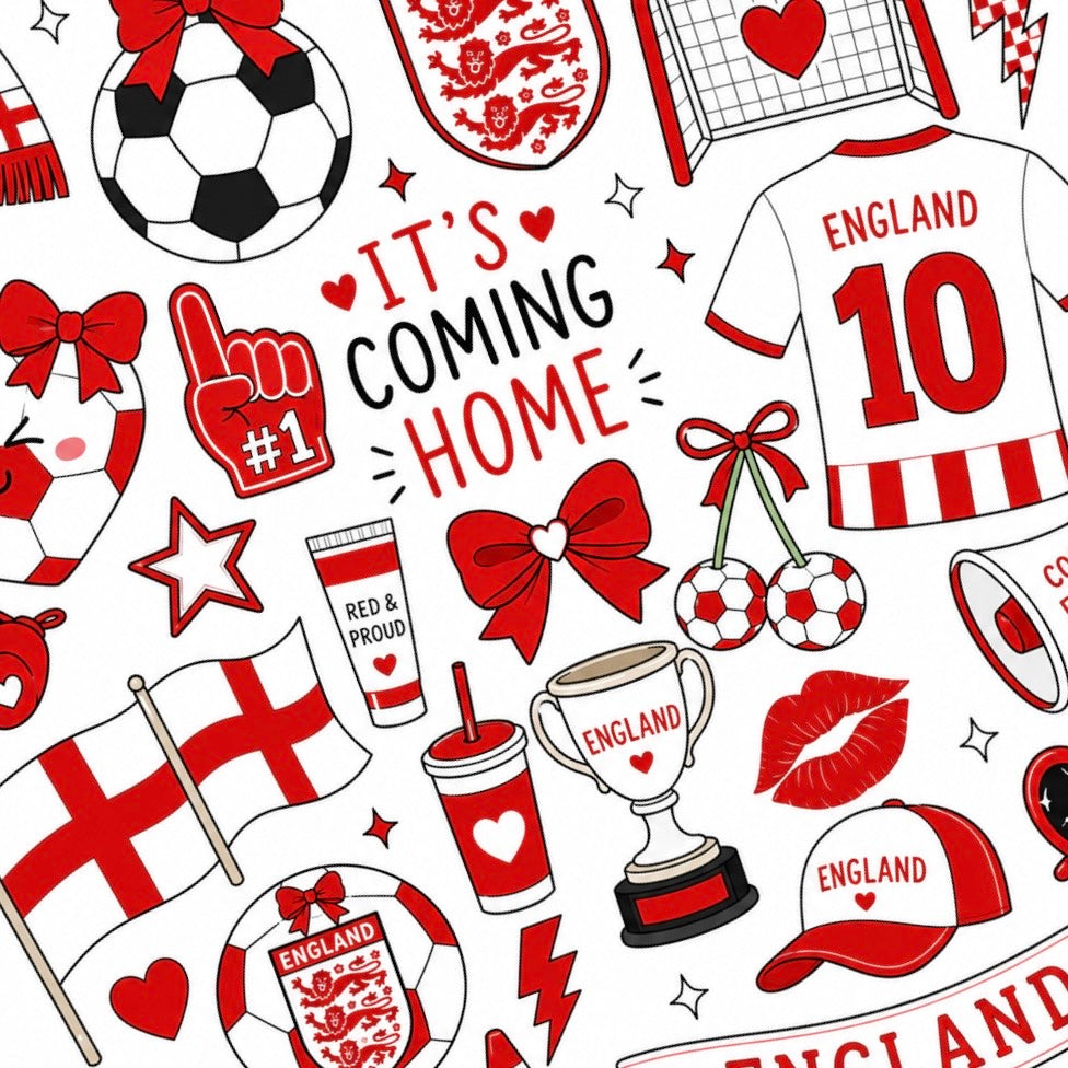 Red & Ready waterslide nail decal sheet featuring 75 red England football-themed nail decals for match day nail art.