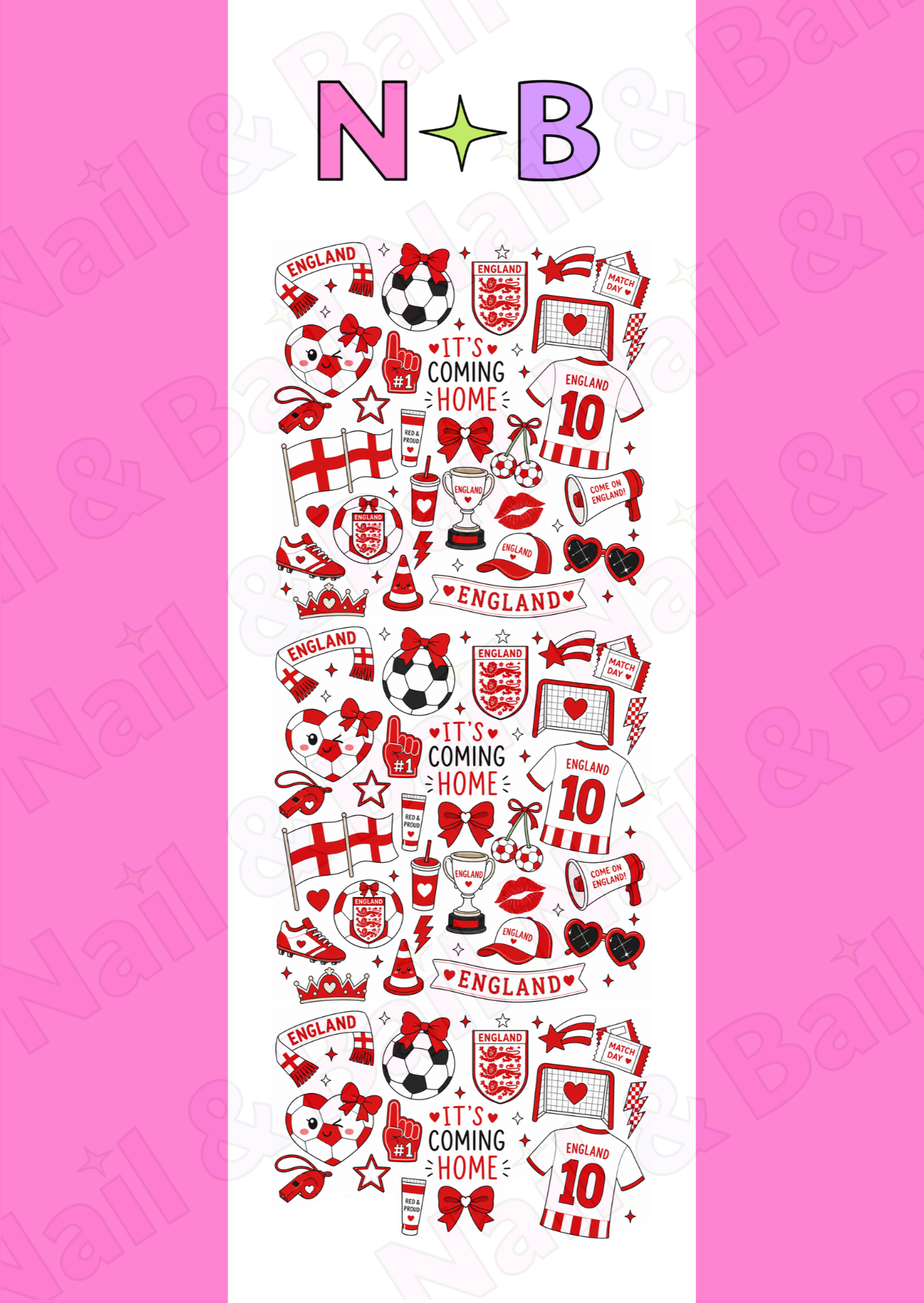Red football waterslide nail decals with England-inspired designs including footballs, flags, bows and boots for World Cup nails.