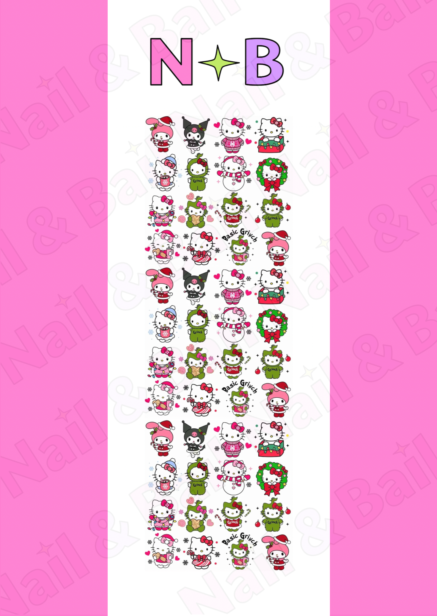 Festive nail decals featuring Hello Kitty, My Melody, and Kuromi Christmas designs with bows and holiday decorations