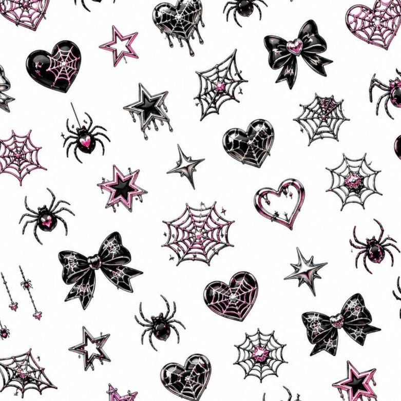 Spiderweb Chrome Halloween nail decal sheet with metallic webs, spiders, hearts, stars and black bows.