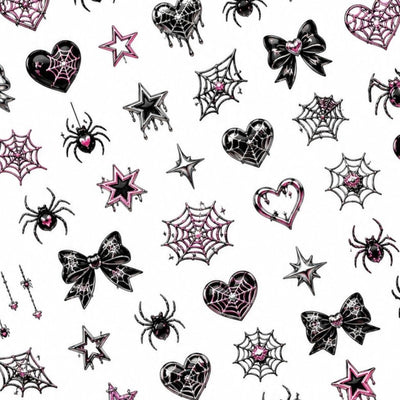 Spiderweb Chrome Halloween nail decal sheet with metallic webs, spiders, hearts, stars and black bows.